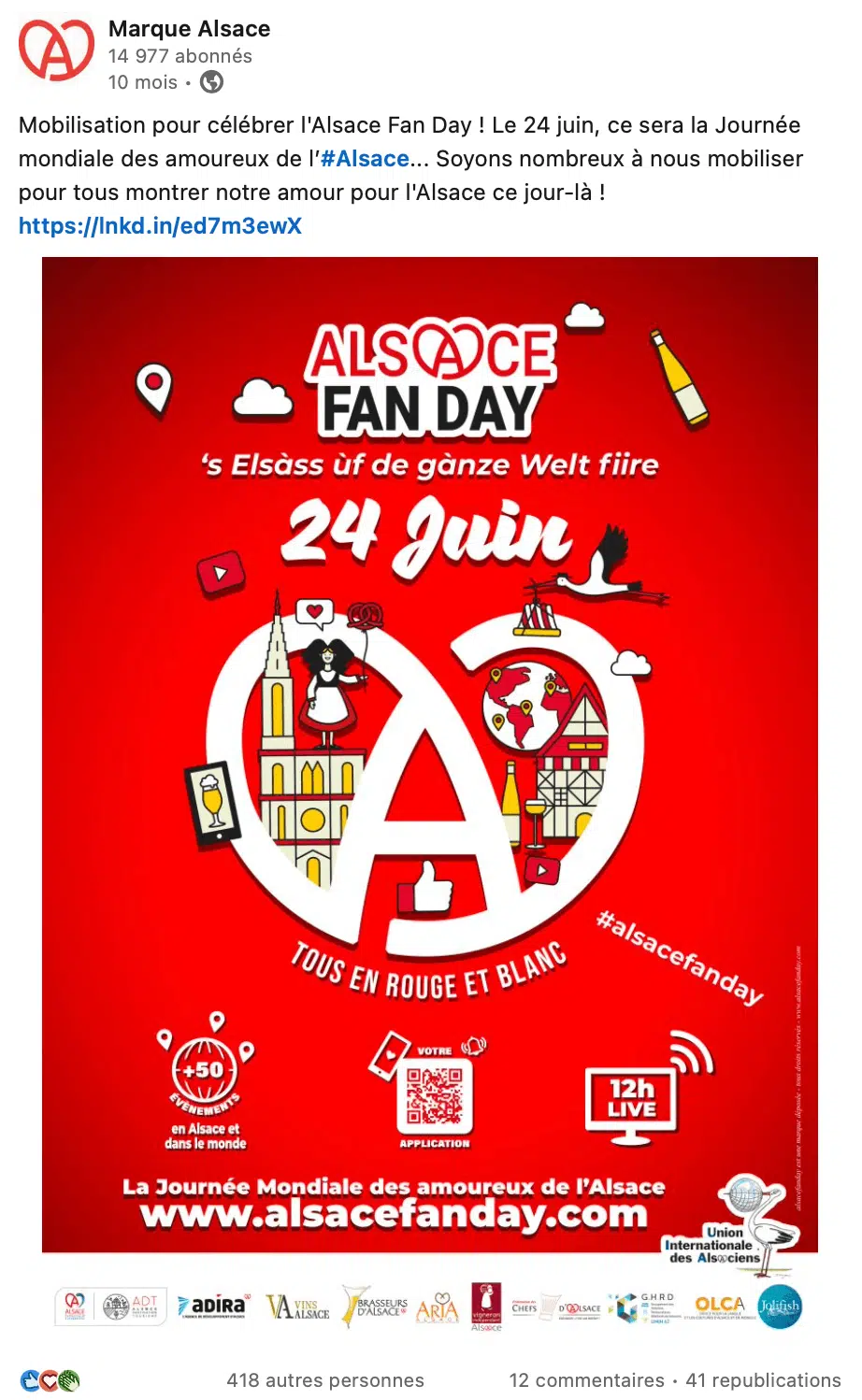 journée mondiale des amoureux de l'Alsace - publication Linkedin